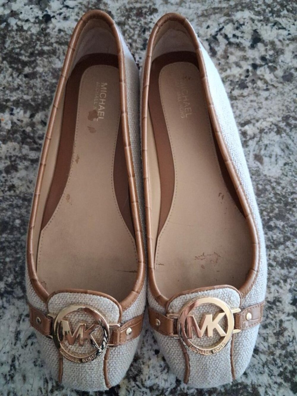 Michael Kors ladies gold logo tan leather and beige canvas ballet flats size 8.5